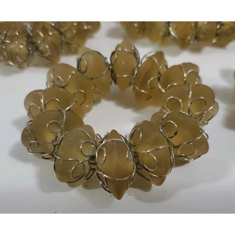 Vintage Yellow‎ Beige Stone and Wire Napkin Rings set of 8 Abstract Bohemian